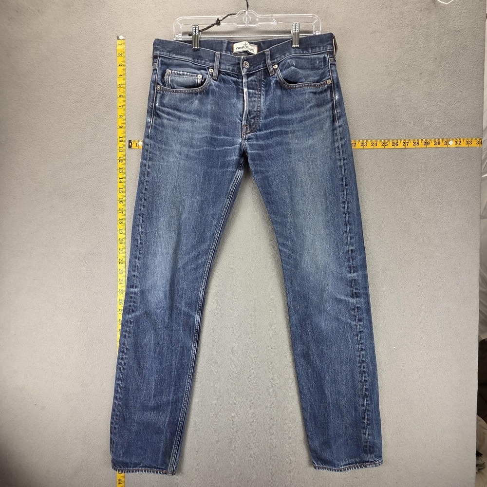 Stone Island Jeans Mens Blue Medium Wash Slim Tapered Logo Patch Fits 33x32